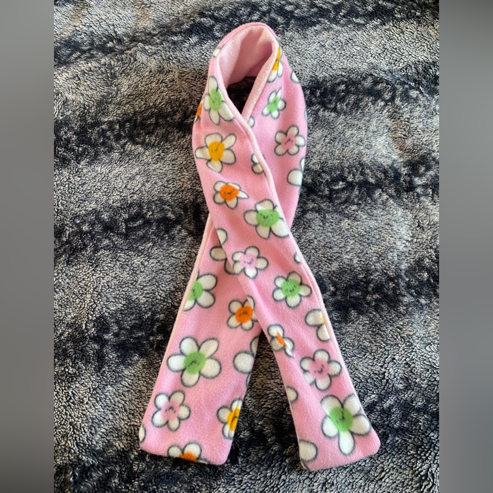 Handmade Youth Girls Pink Flower Print Double Sided Fleece Scarf